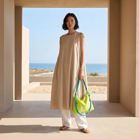 Woman holding a bright neon  yellow handbag in an open architectural space with a clear sky and ocean view.