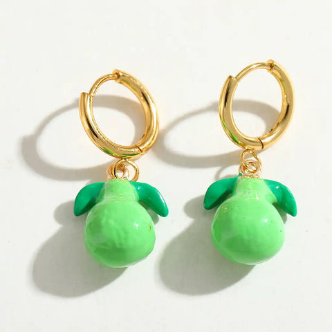 Gold hoop earrings with green fruit-shaped charms on a white background