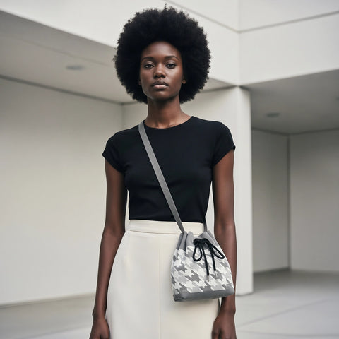 Woman wearing a black top and white pants with a patterned bag in a minimalistic setting