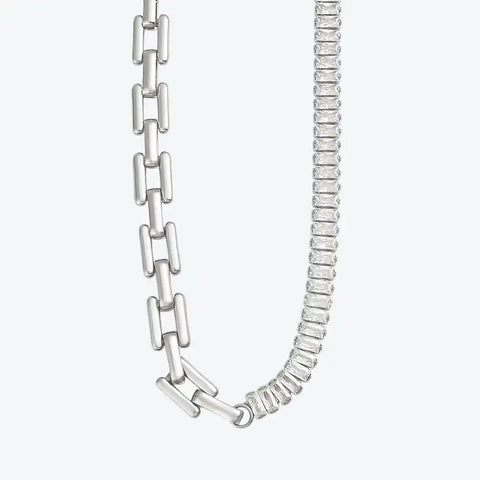 Silver chain necklace with rectangular links on a white background