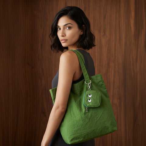 Woman carrying a green tote bag against a wooden background