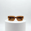 Brown sunglasses on a white pedestal against a light gray background