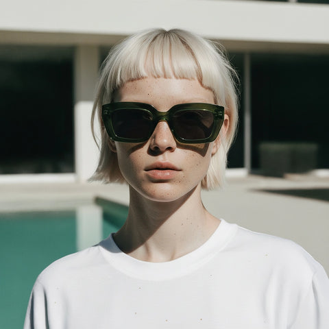 Person wearing sunglasses and a white shirt with a blurred background