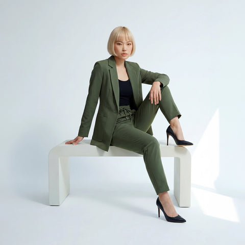 Woman in a green suit sitting on a white bench against a light gray background