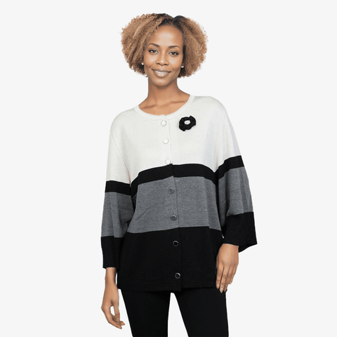 Oversize Color Block Cardigan With Flower Button - Yacine & Me
