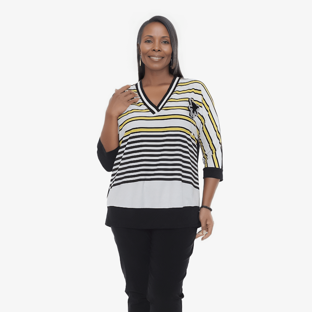 Plus Size - Sporty Stripe Top With Brooch - Yacine & Me