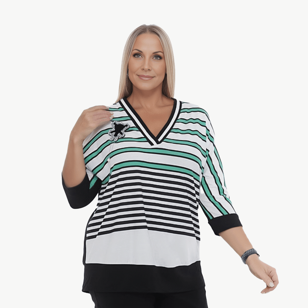 Plus Size - Sporty Stripe Top With Brooch - Yacine & Me