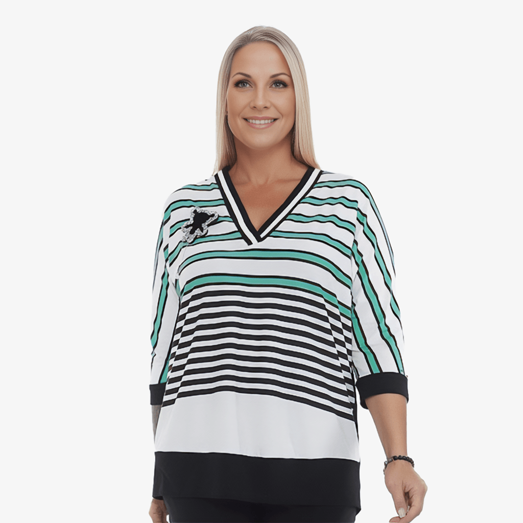 Plus Size - Sporty Stripe Top With Brooch - Yacine & Me