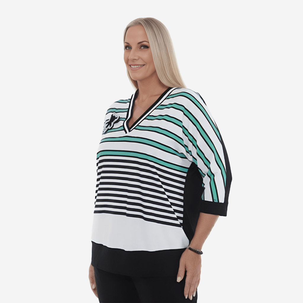 Plus Size - Sporty Stripe Top With Brooch - Yacine & Me