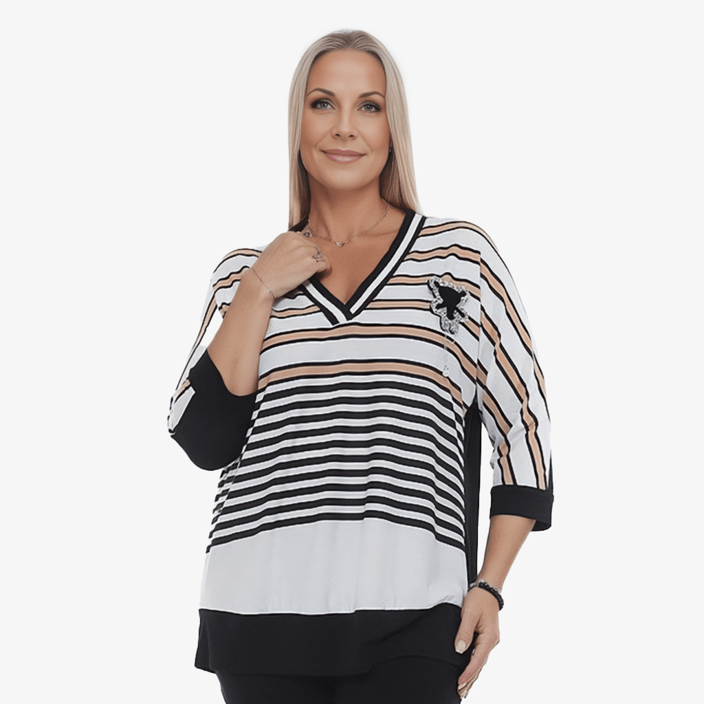 Plus Size - Sporty Stripe Top With Brooch - Yacine & Me