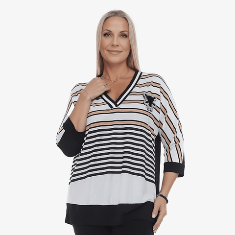 Plus Size - Sporty Stripe Top With Brooch - Yacine & Me