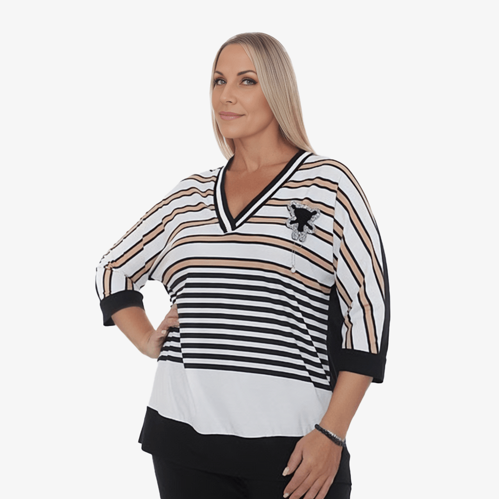 Plus Size - Sporty Stripe Top With Brooch - Yacine & Me