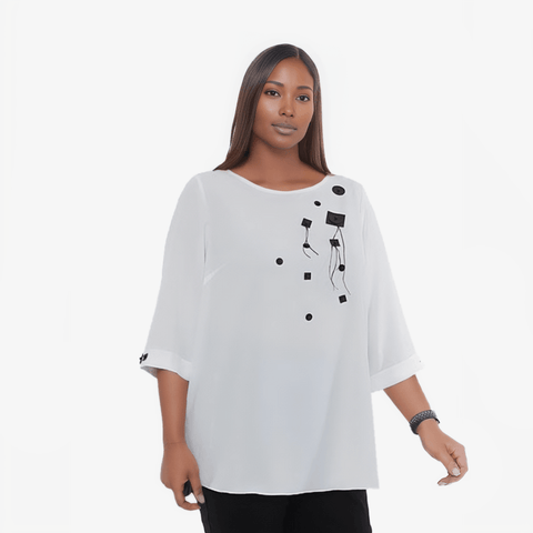 Plus Size - White Blouse With Abstract Embellishments - Yacine & Me